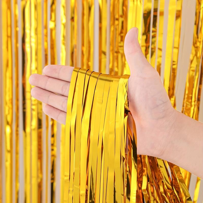 3pcs Golden Foil Tassel Backdrop Curtains for Party Decorations