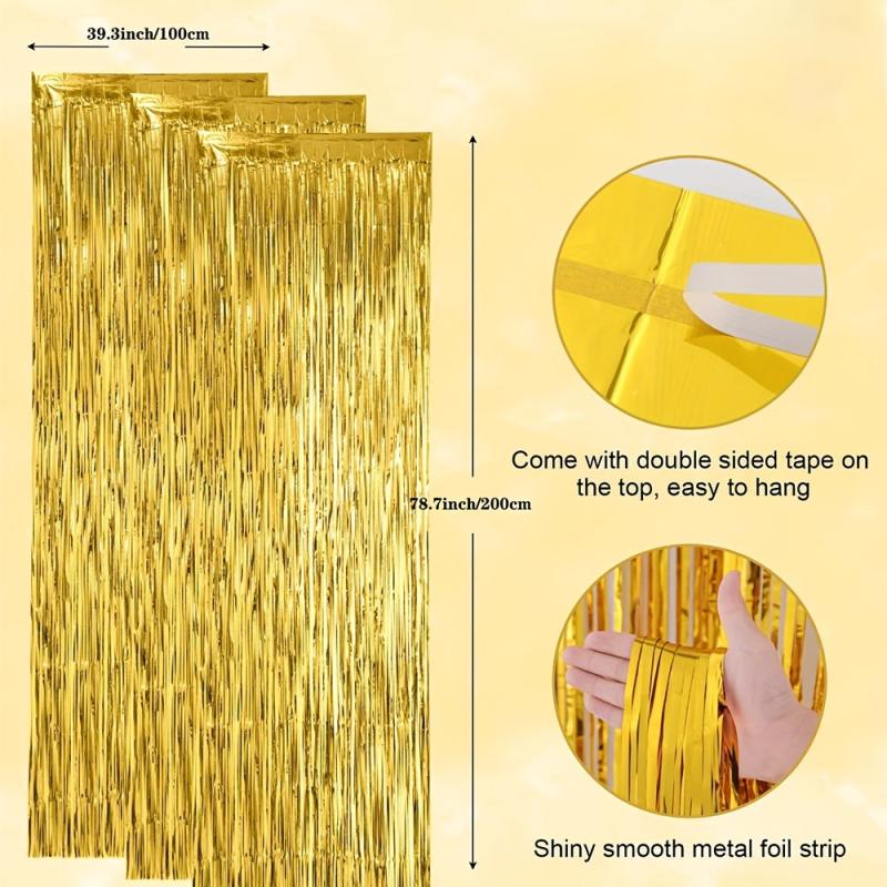 3pcs Golden Foil Tassel Backdrop Curtains for Party Decorations