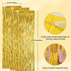 3pcs Golden Foil Tassel Backdrop Curtains for Party Decorations