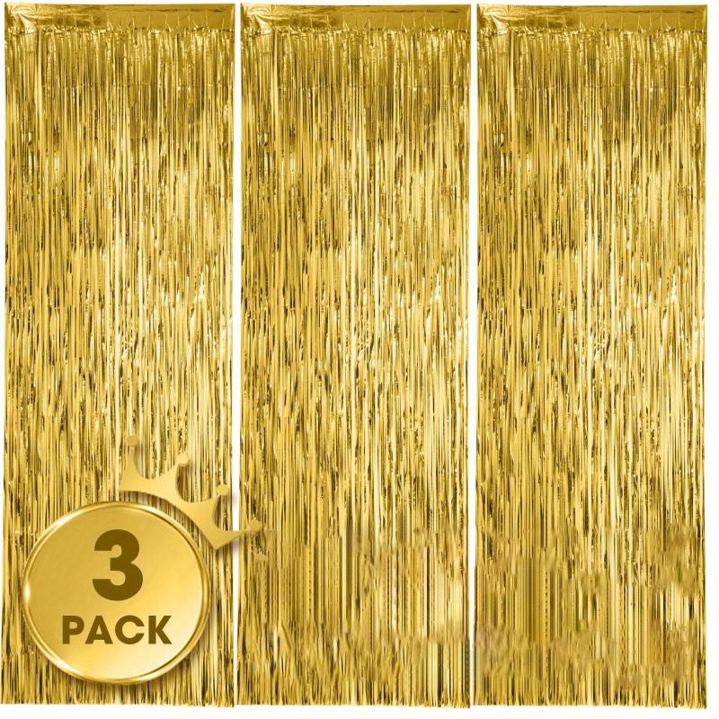 3pcs Golden Foil Tassel Backdrop Curtains for Party Decorations