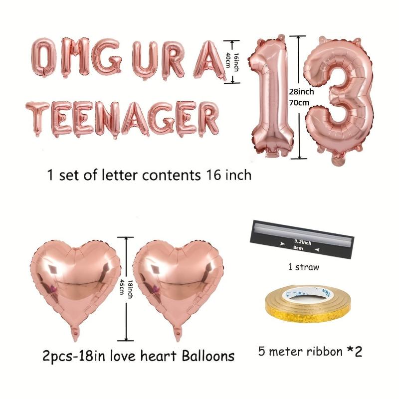 18pc Alphabet Silver Rose Foil Balloons for 13th Birthday