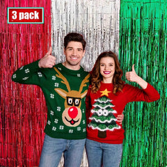 3pcs Christmas Decoration Backdrop Red Tinsel Foil Fringe Photo Backdrop