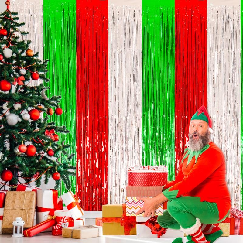 3pcs Christmas Decoration Backdrop Red Tinsel Foil Fringe Photo Backdrop