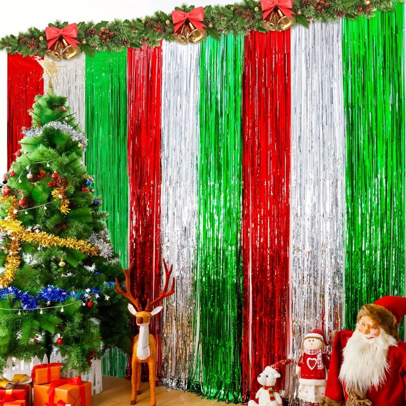 3pcs Christmas Decoration Backdrop Red Tinsel Foil Fringe Photo Backdrop