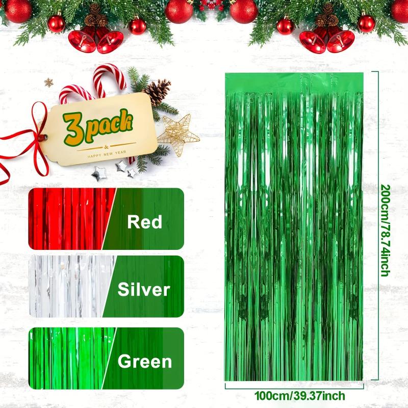 3pcs Christmas Decoration Backdrop Red Tinsel Foil Fringe Photo Backdrop