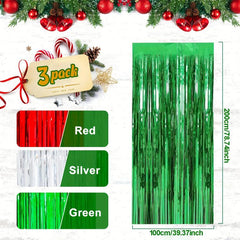 3pcs Christmas Decoration Backdrop Red Tinsel Foil Fringe Photo Backdrop