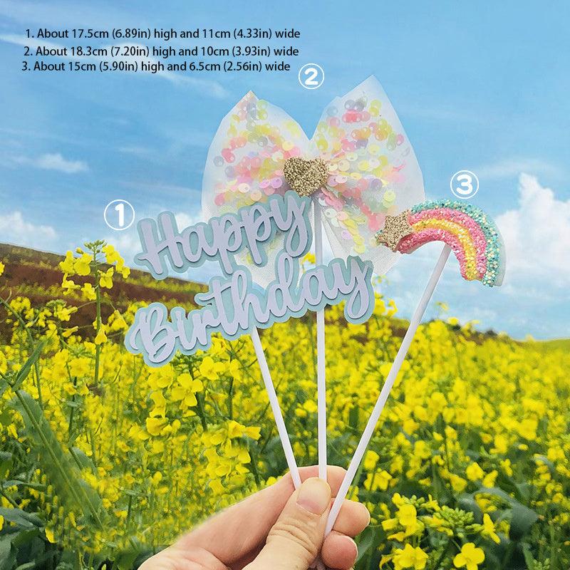 Sequin Bow Rainbow Happy Birthday Insert Birthday Cake Card Cake Decoration