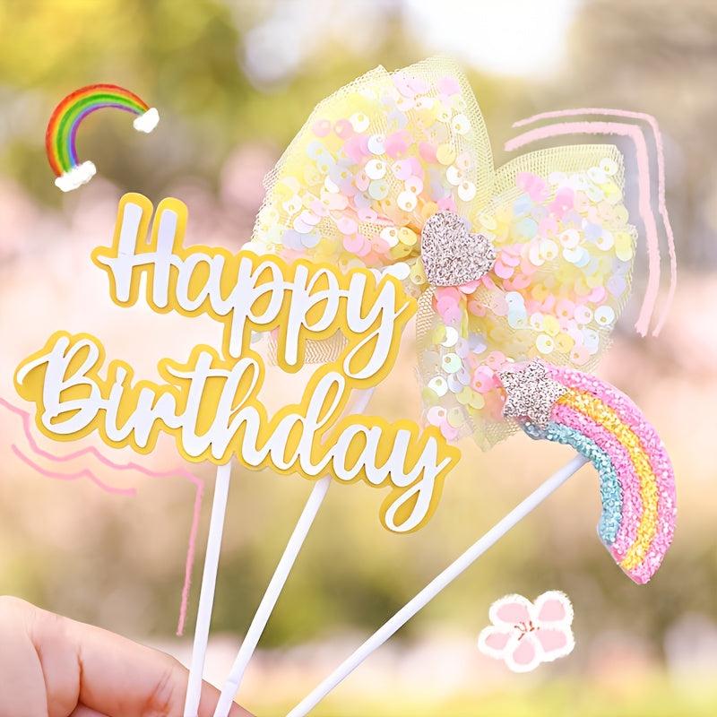 Sequin Bow Rainbow Happy Birthday Insert Birthday Cake Card Cake Decoration