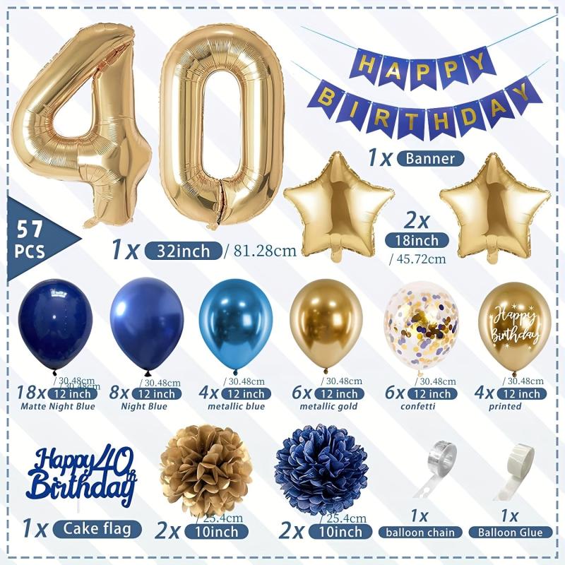 40th Birthday Navy Golden Balloons Decoration Set