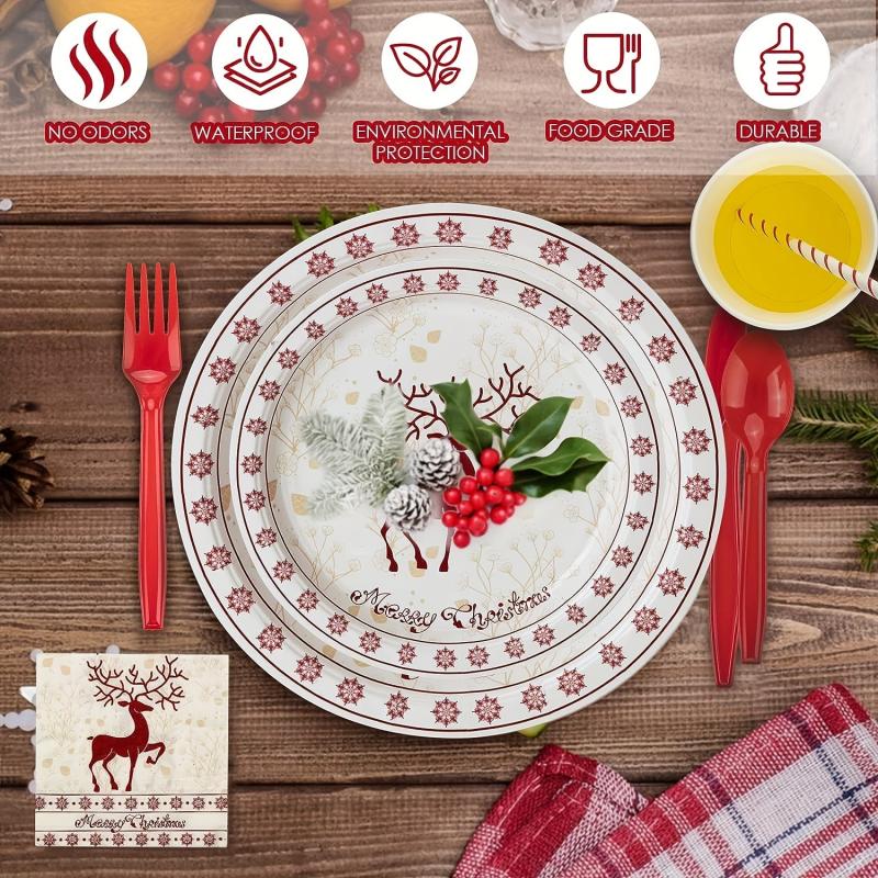 48pcs Christmas Dinnerware Sets - 17 Plates, 22 Plates, Napkins - Party Supplies