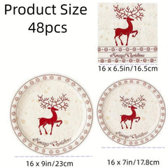 48pcs Christmas Dinnerware Sets - 17 Plates, 22 Plates, Napkins - Party Supplies
