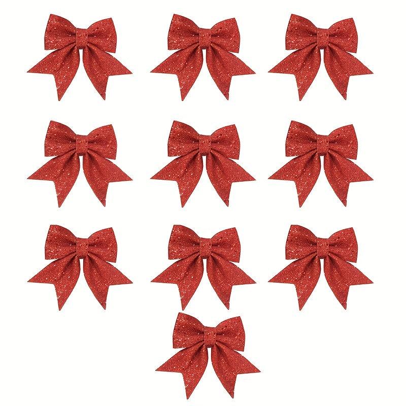 10pcs Red Christmas Bow Ornaments Sequin Tree Wreath Bows Decoration
