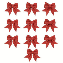 10pcs Red Christmas Bow Ornaments Sequin Tree Wreath Bows Decoration