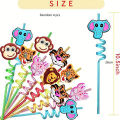 4pcs Reusable Jungle Animal Straws Safari Party Supplies Favors Woodland Bir