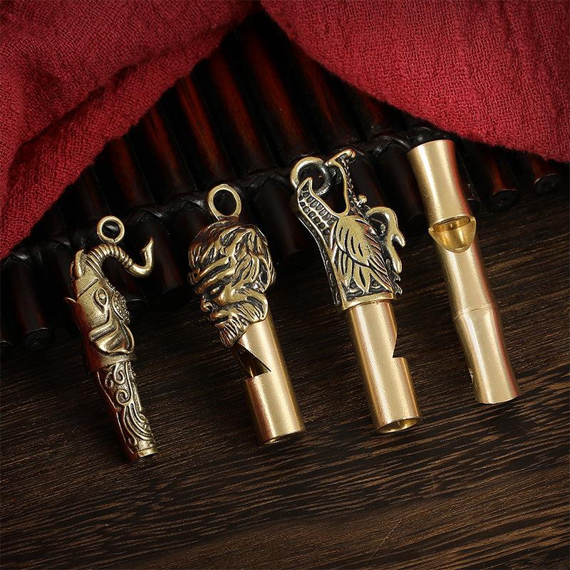 Brass Chinese Dragon Whistle Pendant Necklace Outdoor Survival Hiking Key Chain