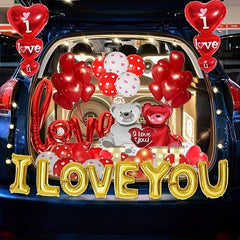 I Love You Balloon Banner + Heart Balloon + Rose Petals + Bear Hug Balloon