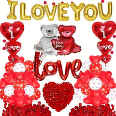 I Love You Balloon Banner + Heart Balloon + Rose Petals + Bear Hug Balloon