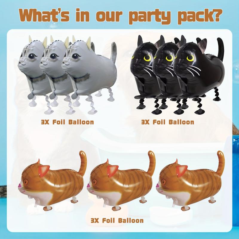 9pcs Walking Cat Balloons Foil Balloons Orange Cat Theme Party Supplies
