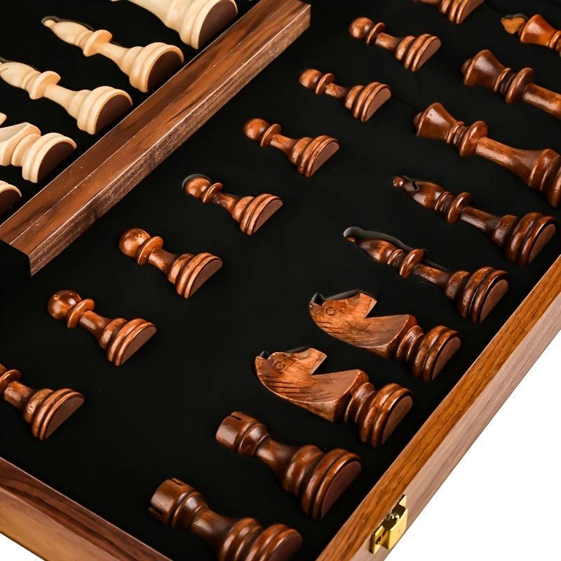 Solid Wood Chess Set Folding Board 2 Extra Queens Perfect For Kids