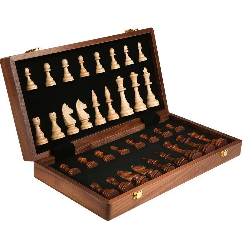Solid Wood Chess Set Folding Board 2 Extra Queens Perfect For Kids