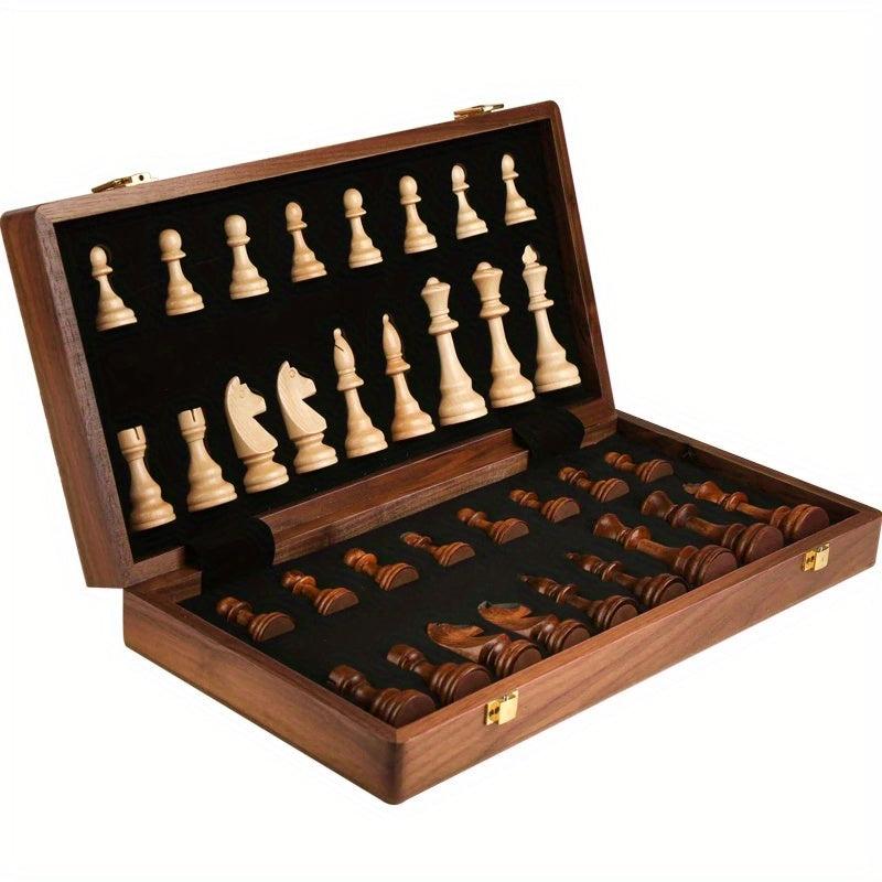 Solid Wood Chess Set Folding Board 2 Extra Queens Perfect For Kids