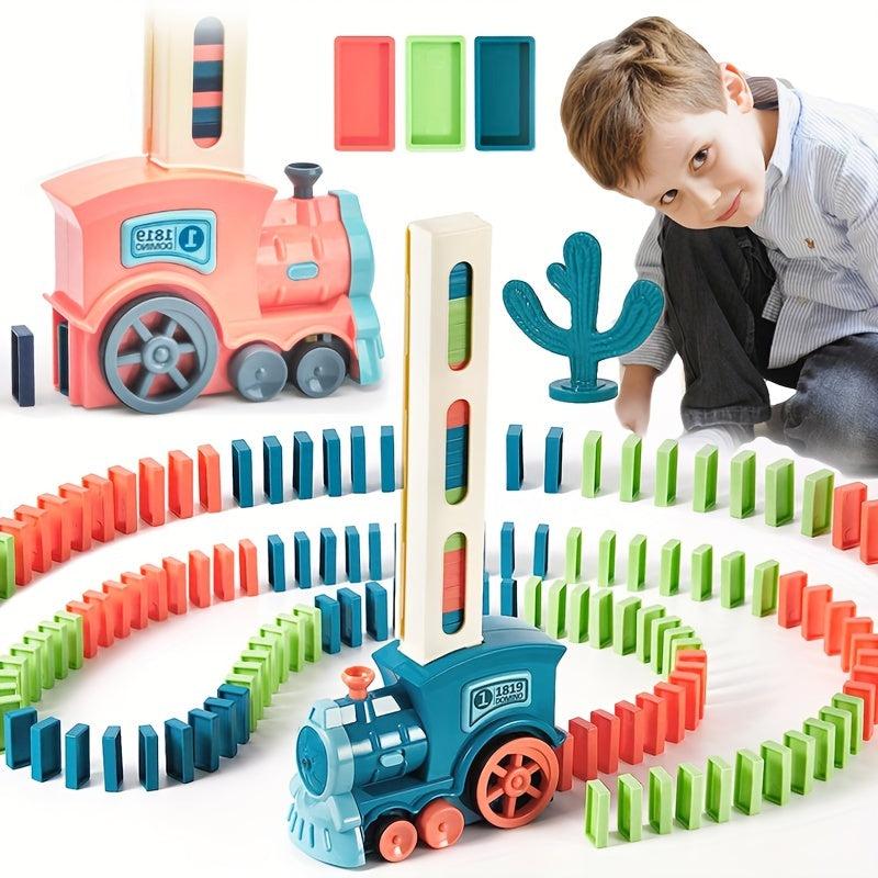 Kids Domino Train Car Set Sound Light Automatic Laying Domino Brick