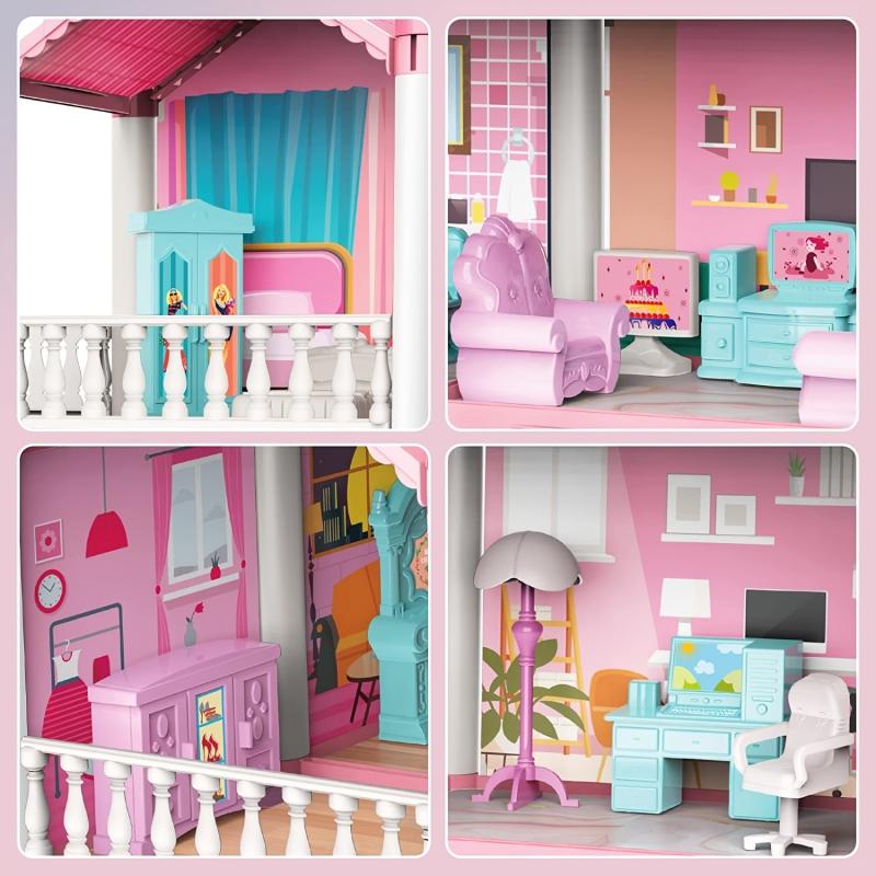 Children's 3-Story Pink Doll House DIY Toy Set