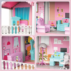 Children's 3-Story Pink Doll House DIY Toy Set