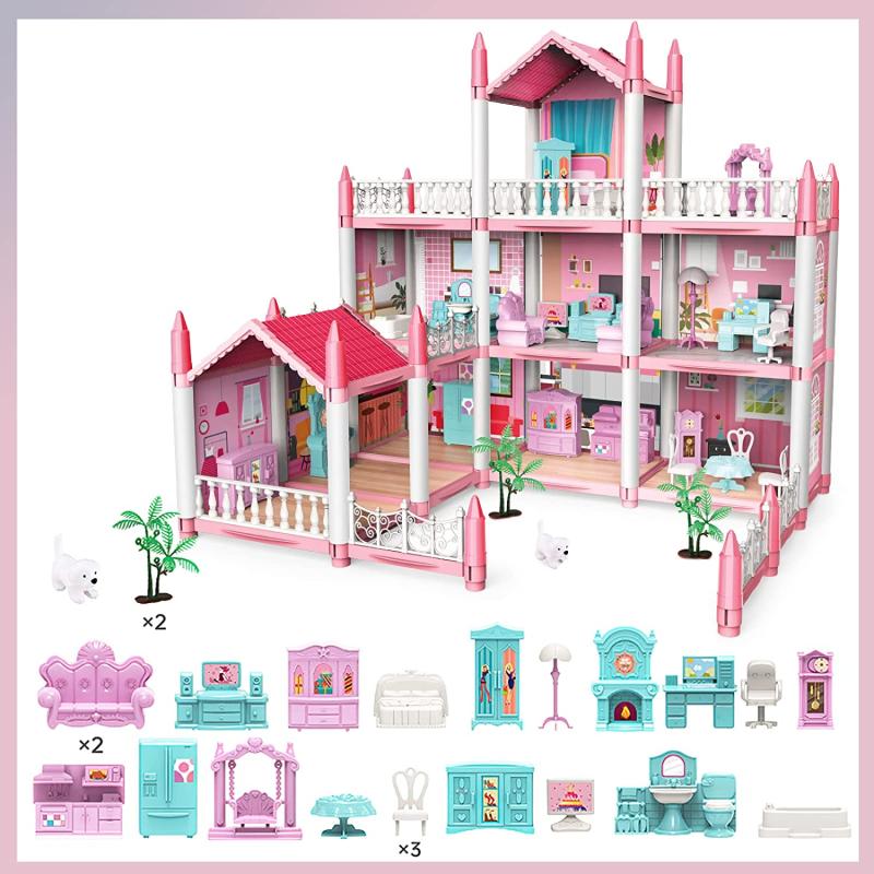 Children's 3-Story Pink Doll House DIY Toy Set