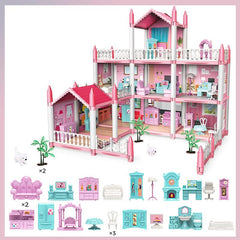 Children's 3-Story Pink Doll House DIY Toy Set