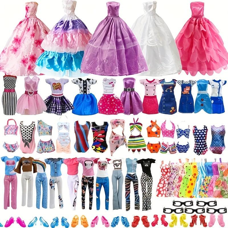 30-50pcs Doll Clothes Set: 15 Dresses, 5 Gowns, 5 Bikinis, 5 Outfits, 15 Shoes