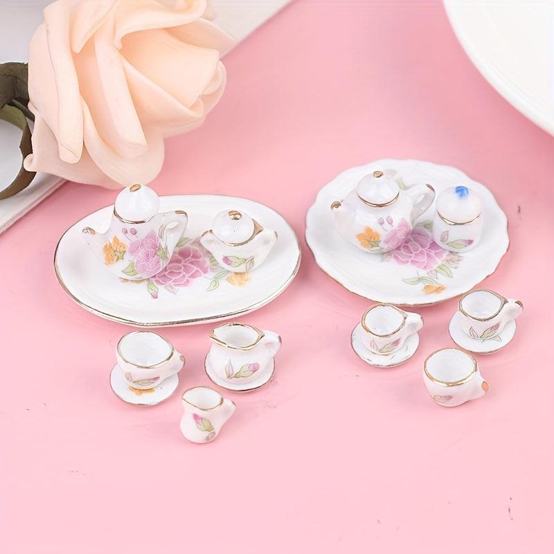 8pcs Dollhouse Porcelain Tea Cups, Flower Pattern, Kitchen Model Decor