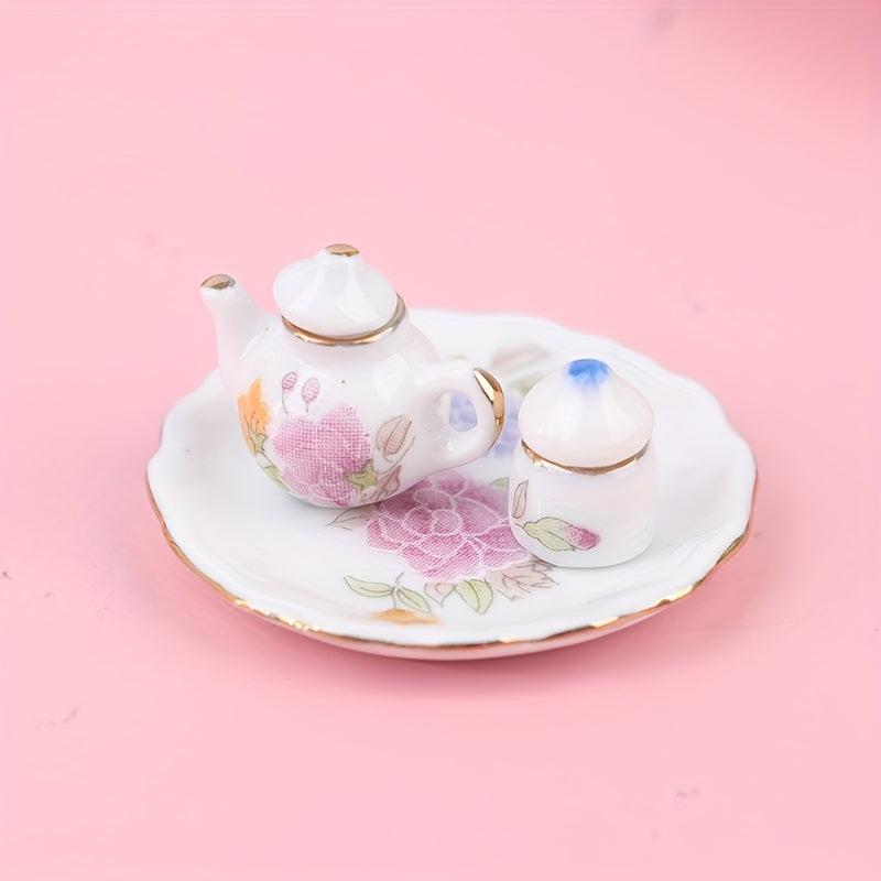 8pcs Dollhouse Porcelain Tea Cups, Flower Pattern, Kitchen Model Decor
