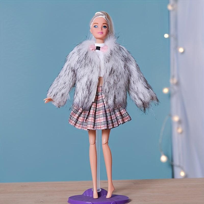 Winter Fur Vest Coat Dress Outfit For 11 Inch Dolls