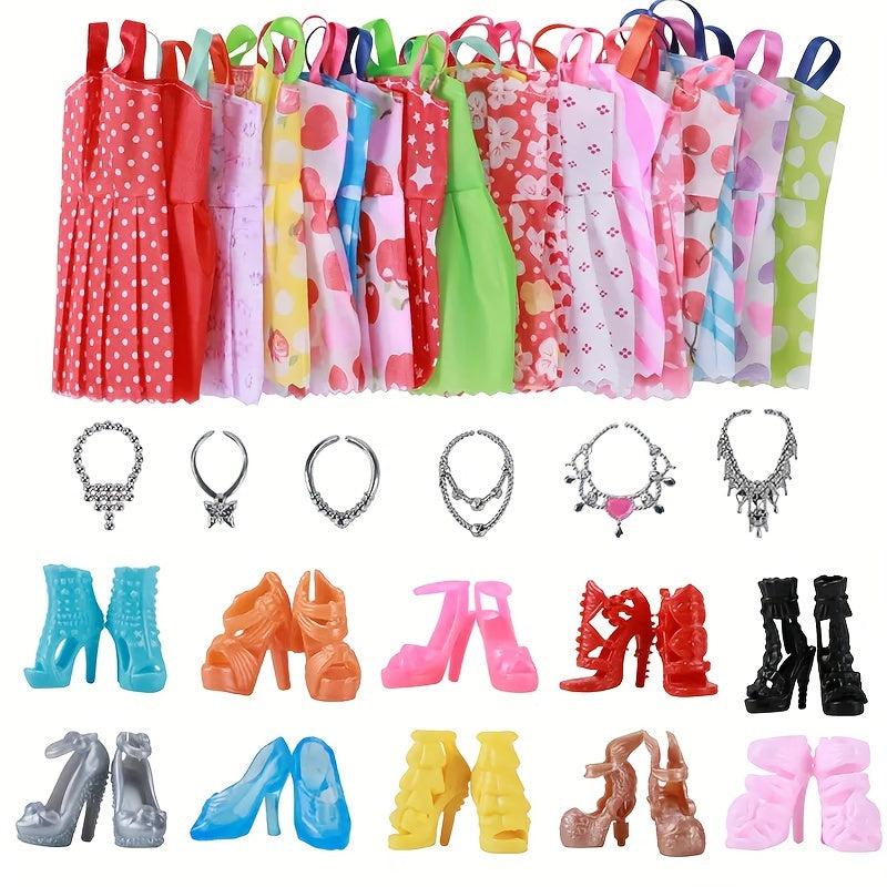 26pcs Doll Clothes & Accessories: 10 Dresses, 10 Shoes, 6 Necklaces
