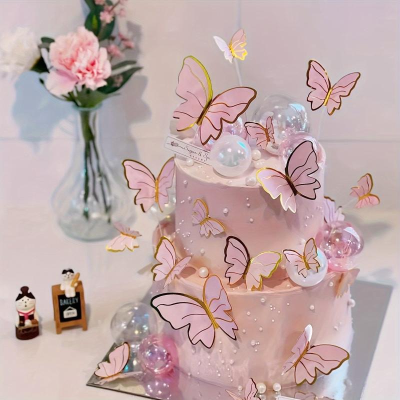 21pcs Butterfly Cake Toppers With Happy Birthday Cake Toppers Pink Purple