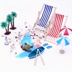 Mini Beach Set Micro Landscape Summer Shell Sun Umbrella Wooden Beach Chair