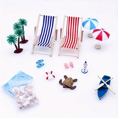 Mini Beach Set Micro Landscape Summer Shell Sun Umbrella Wooden Beach Chair