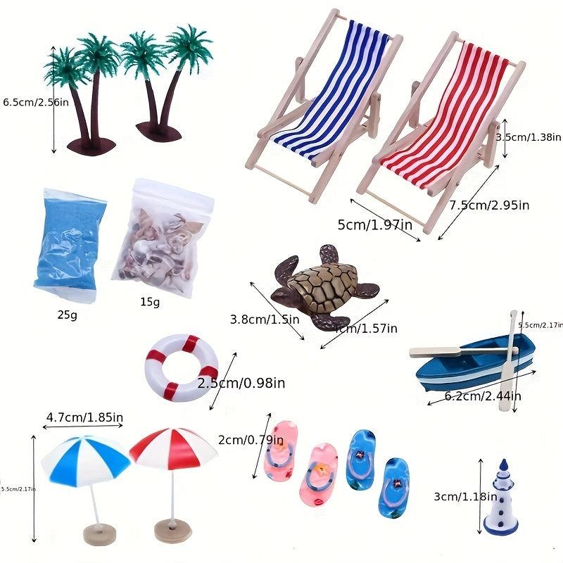Mini Beach Set Micro Landscape Summer Shell Sun Umbrella Wooden Beach Chair