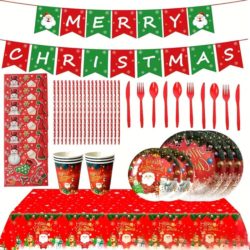 24pcs Christmas Paper Cup Plate Tissue Tableware Party Set