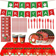 24pcs Christmas Paper Cup Plate Tissue Tableware Party Set