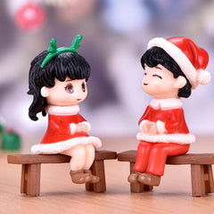 2pcs Christmas Sitting Couple Hand Dolls Micro Landscape DIY Decor