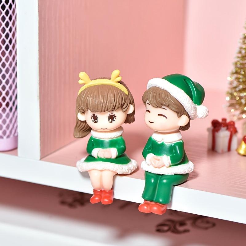 2pcs Christmas Sitting Couple Hand Dolls Micro Landscape DIY Decor