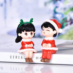 2pcs Christmas Sitting Couple Hand Dolls Micro Landscape DIY Decor