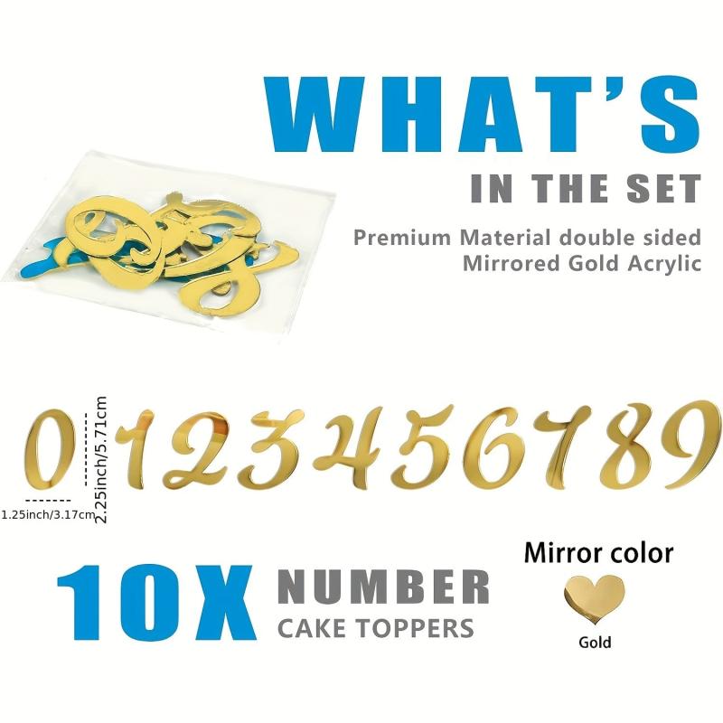 Golden Number Cake Topper Set 0-9 for Wedding Birthday Baby Shower
