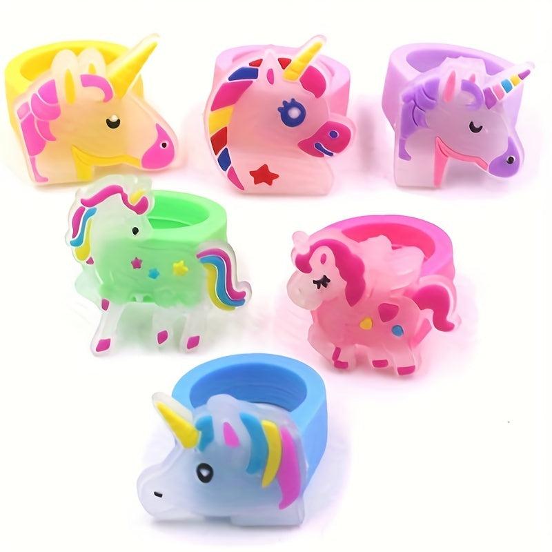 6pcs Luminous Unicorn Rings For Girls PVC Soft Rubber Rings