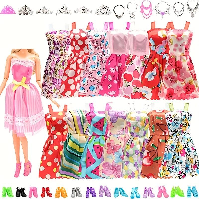 34pcs Doll Clothing Accessories Set - Dresses, Shoes, Necklaces, Crowns, Glasses
