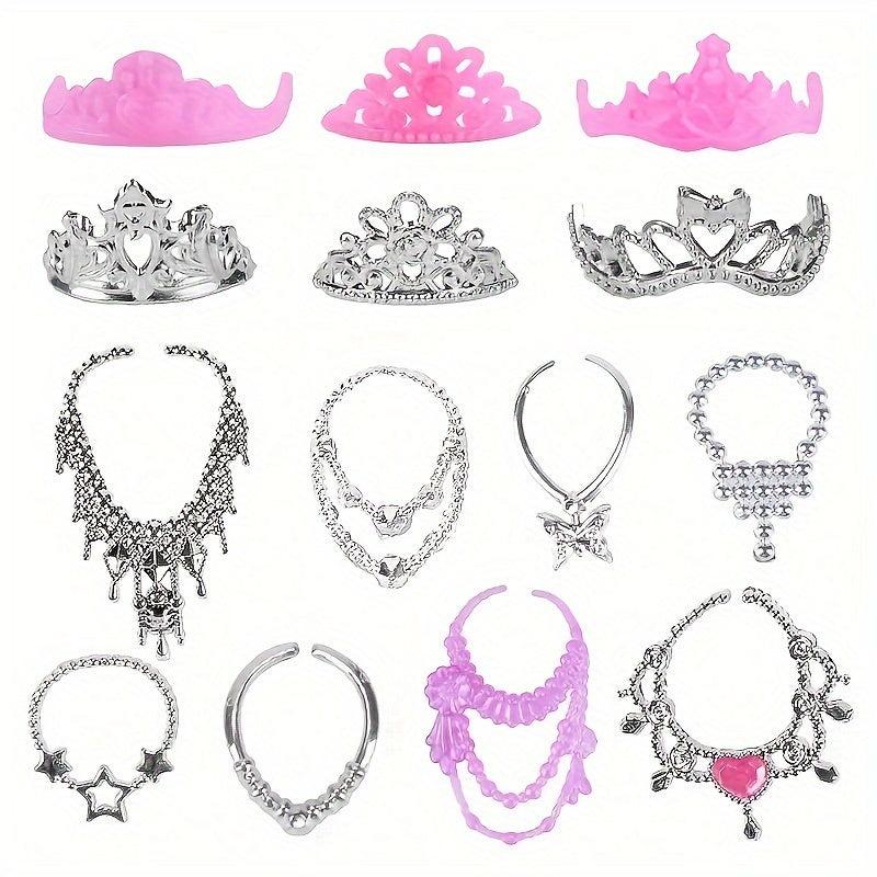 34pcs Doll Clothing Accessories Set - Dresses, Shoes, Necklaces, Crowns, Glasses