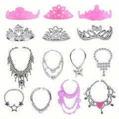 34pcs Doll Clothing Accessories Set - Dresses, Shoes, Necklaces, Crowns, Glasses