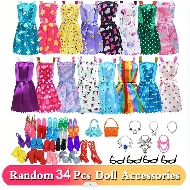 34pcs Doll Clothing Accessories Set - Dresses, Shoes, Necklaces, Crowns, Glasses